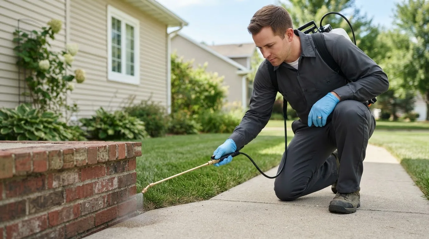 Pest control technician treating a home near Tribune, KS
